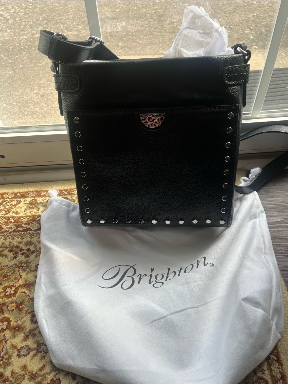 Brighton Black Leather Crossbody with Silver Stud Trim